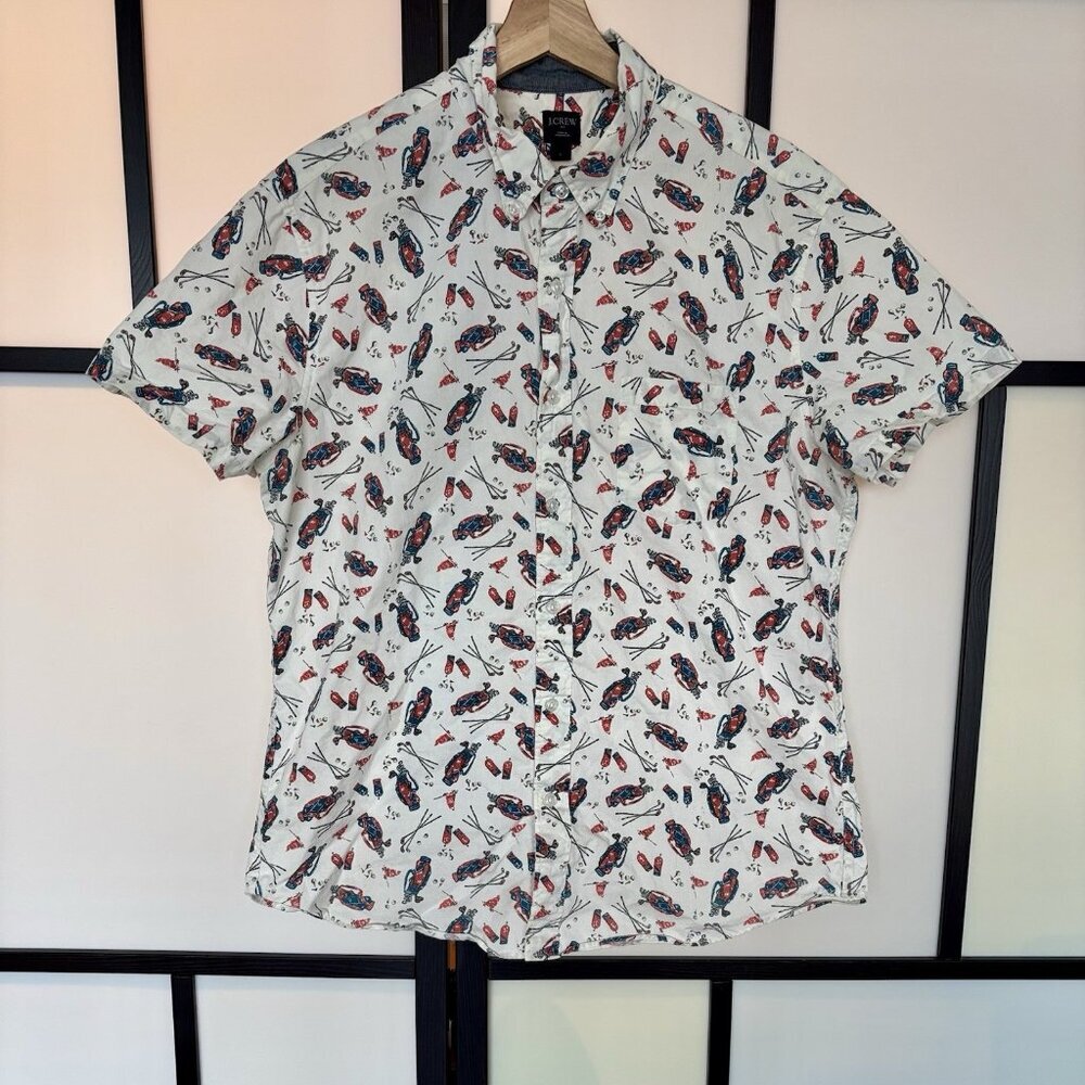 J.Crew Golf Bags & Clubs Print Shirt Short Sleeve Men’s LARGE Preppy Old Money